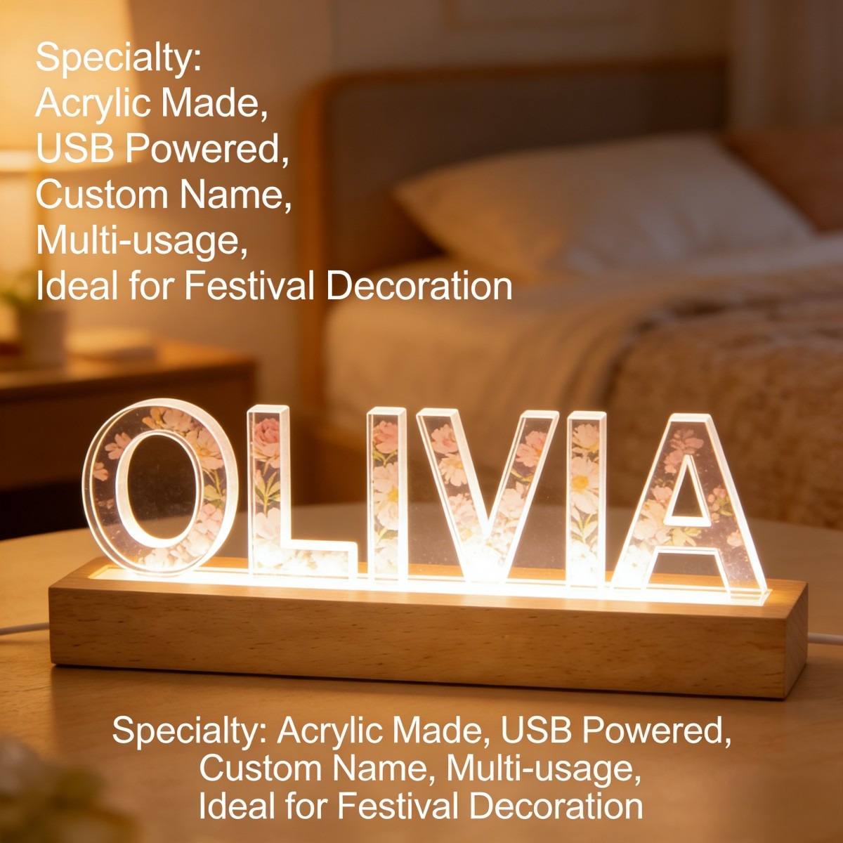 Home Decor Lighting - 1pc Custom Text Floral Acrylic LED