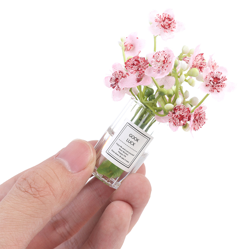 Home Decor Vase With Flowers - 1:12 Dollhouse Miniature Jasmine Pink Flower