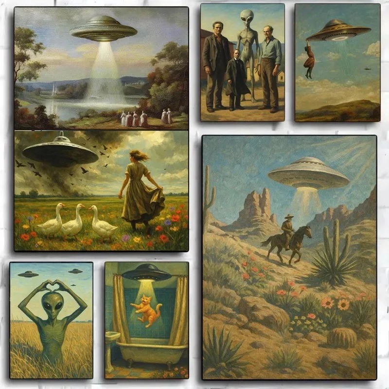 Victory Home Decor - UFO Victorian Landscape Art Print Alien
