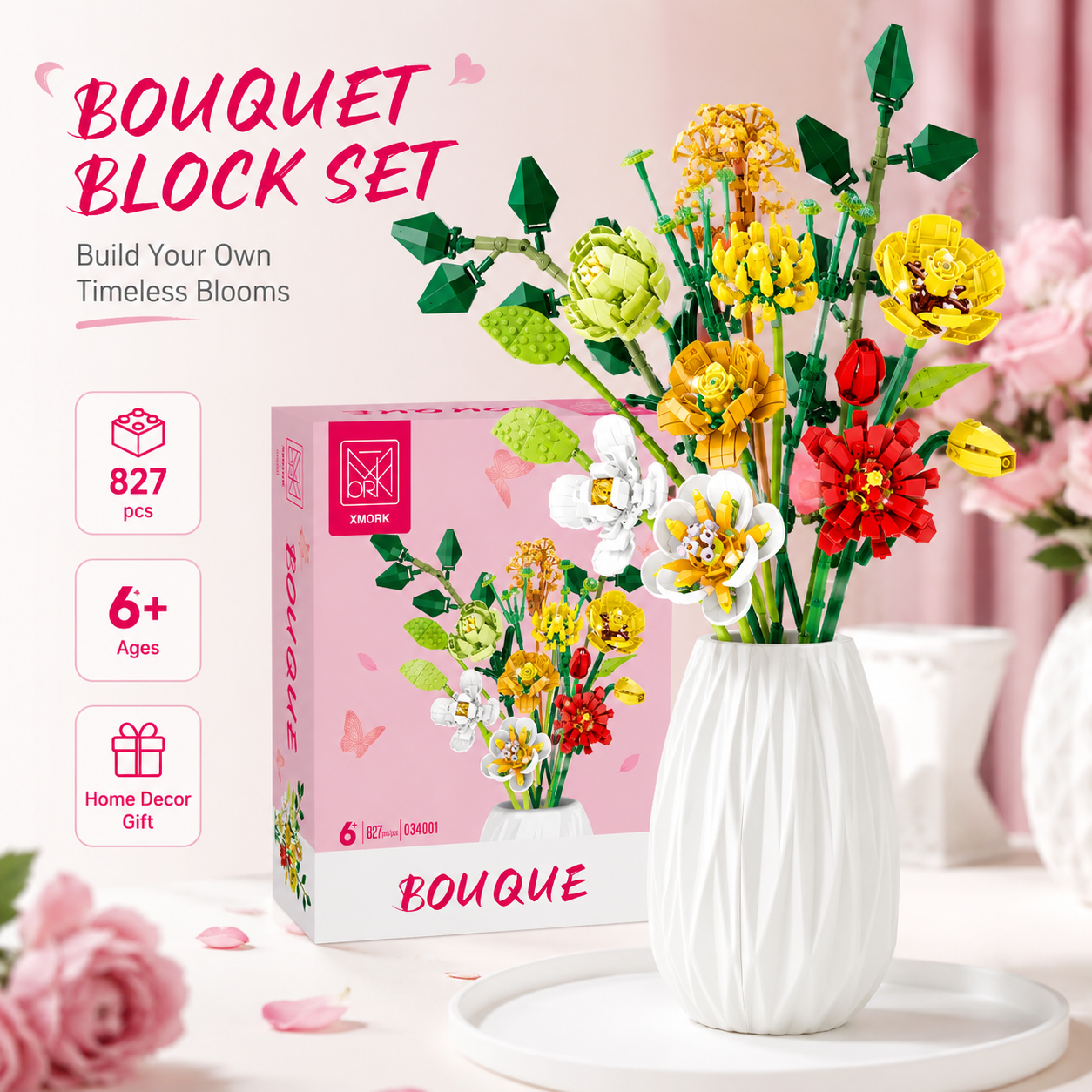 Home Decor Vase With Flowers - Bouquet Flower Building Blocks Set 827PCS