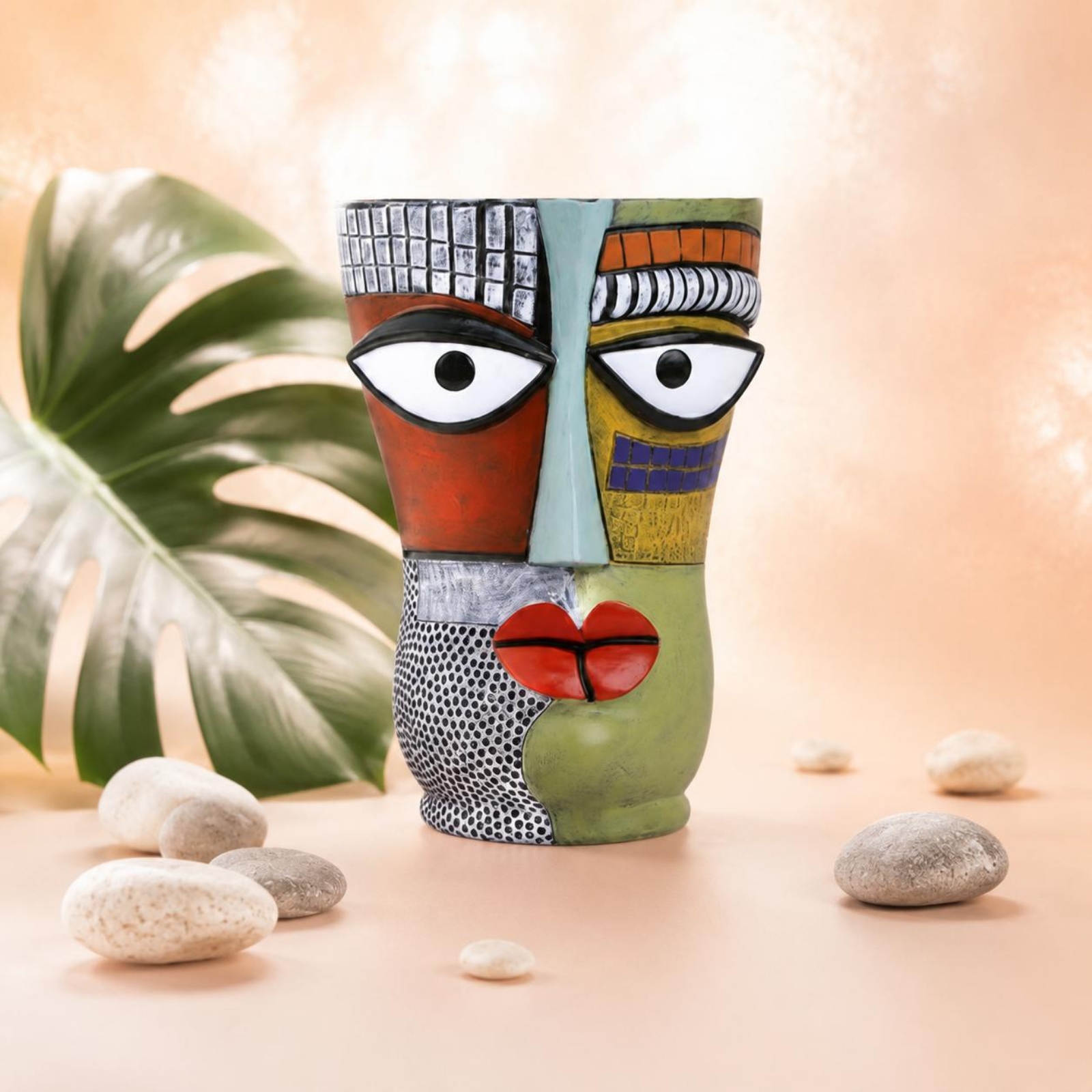 Home Decor Vase With Flowers - Abstract Face Planter Artistic Design Colorful